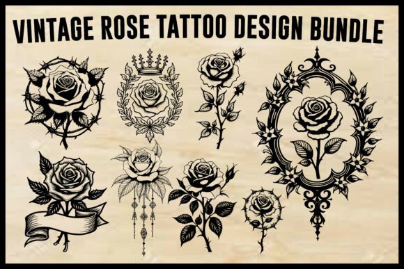 Vintage Rose Tattoo Design Bundle: Graphics & Crafts